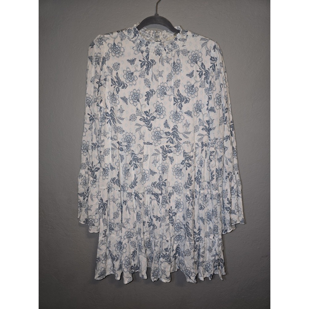 Altar'd State Blue White Floral Smocked Crepe Dress Boho Cottagecore Whimsy Sz M